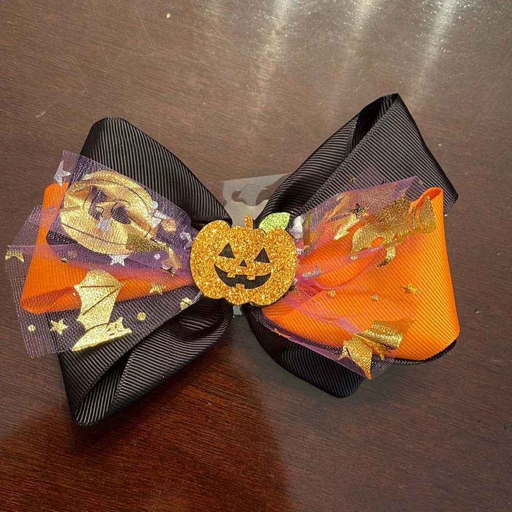 Black and Orange pumpkin Hair Bow Halloween glitter tulle nwt